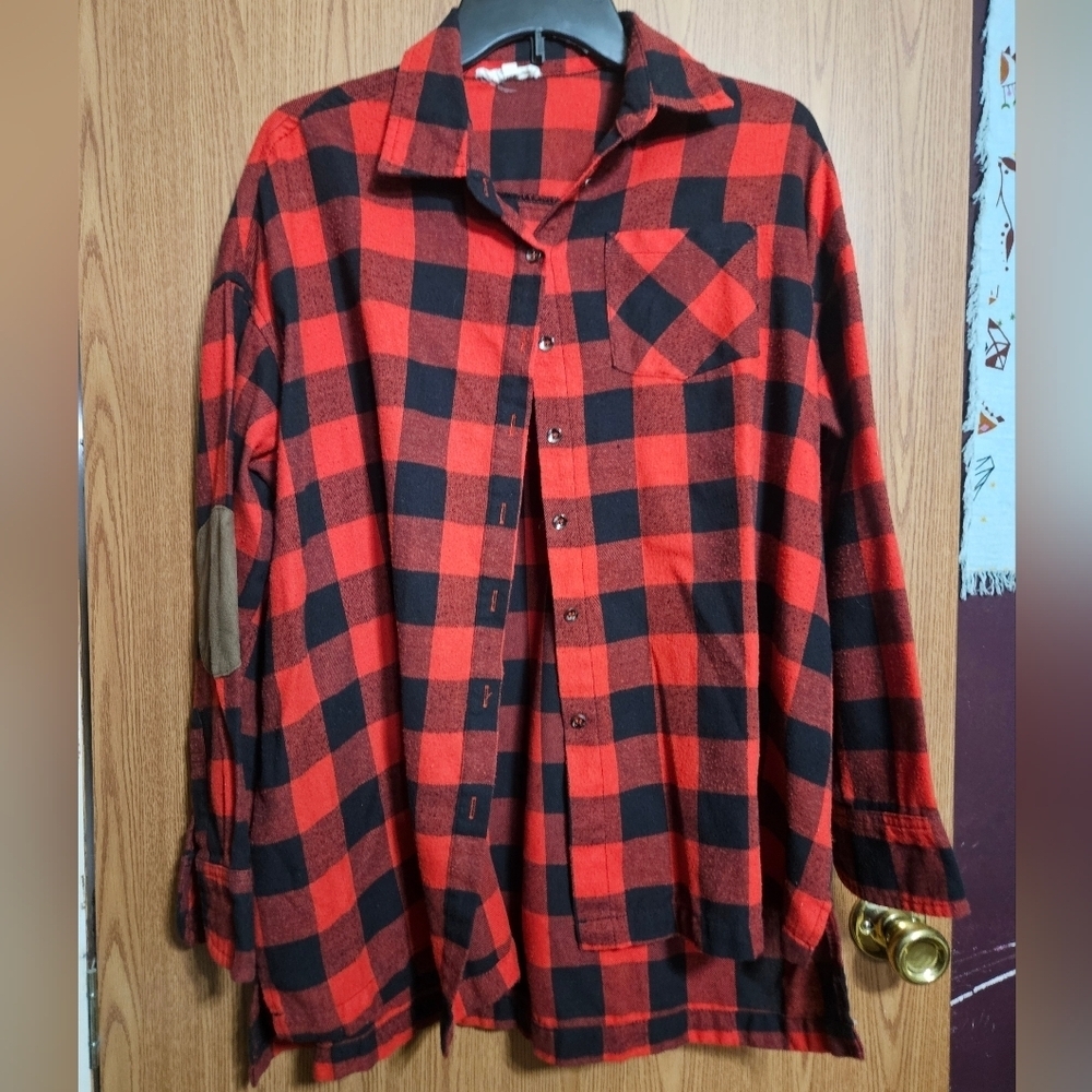 Easel Red And Black Flannel Button Down Long Sleeve Shirt With Elbow Patches!